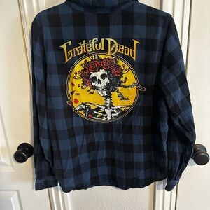 Grateful Dead Skull & Roses Plaid Flannel Shirt Blue Black M